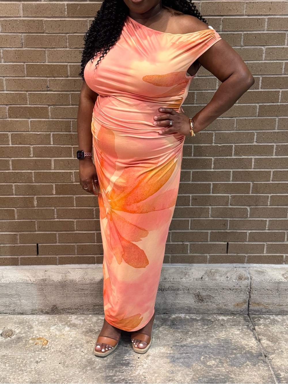 SHEIN Peach & Orange One-Shoulder Floral Maxi Dress